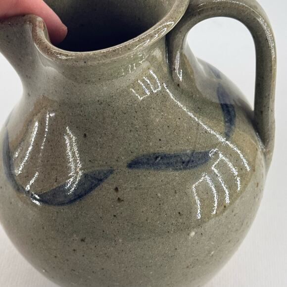 Handmade Studio Art Pottery Stoneware Pitcher Green Blue Primitive 5" Stamped - Picture 2 of 8
